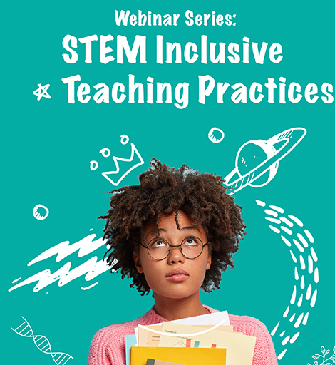A student holding books and looking up at the title "STEM Inclusive Teaching Practices"