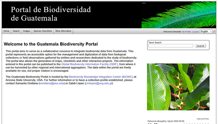 Screen shot of the home page of the Portal de Biodiversidad de Guatemala website.