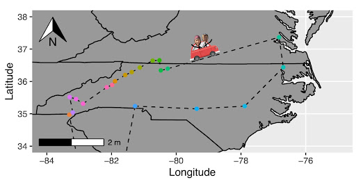 Map depicting sampling locations throughout the southern Appalachians following the Blue Ridge Parkway and through the costal plain. 