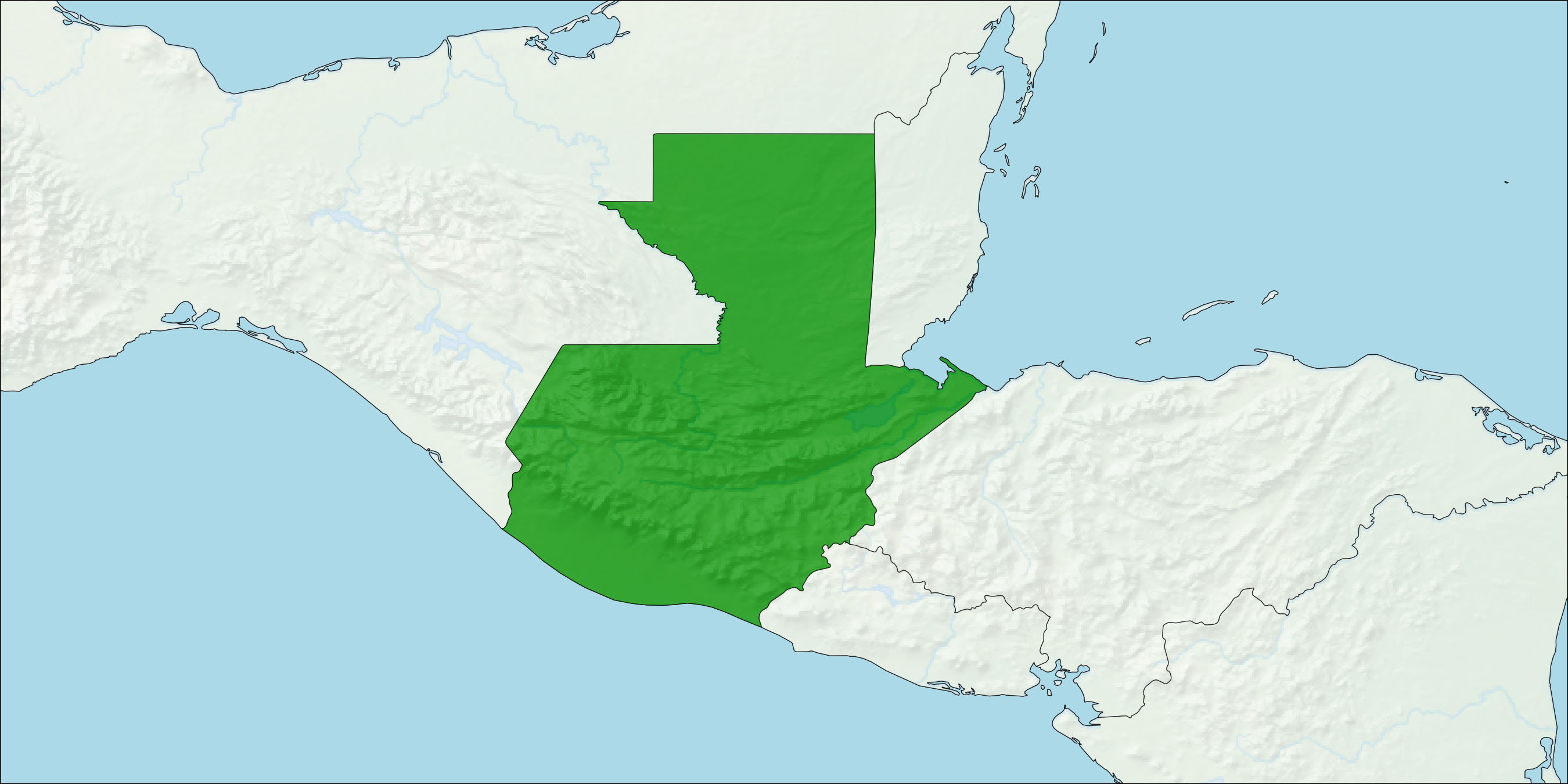 Map of Central America highlighting the Republic of Guatemala.