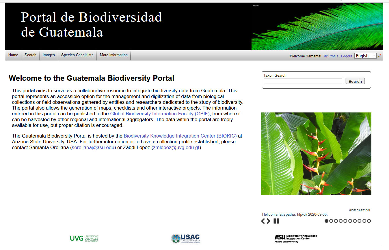 A screenshot of the landing page of The Guatemala Biodiversity Portal.