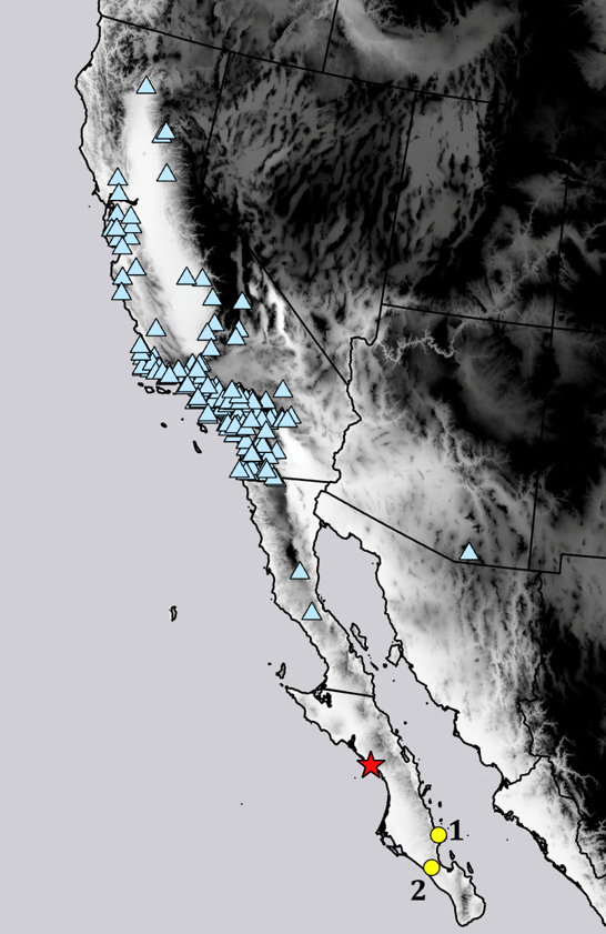 Geographic Distribution of Masticophis lateralis. Blue triangles represent previously collected specimens collected from 1818–2017  (http://www.idigbio.org/portal 2018). Red star indicates our specimen from San Juanico Bay, Baja California Sur, Mexico. Yellow circles represent two specimens previously collected in southeast Baja California Sur (http://www.idigbio.org/portal 2018): 1. Hollingsworth et al. 2003. Fc - Uabc 1116, La Paz, Baja California Sur, Mexico. 2. Hollingsworth et al. 2004. Fc - Uabc 1260, La Paz, Baja California, Sur, Mexico.