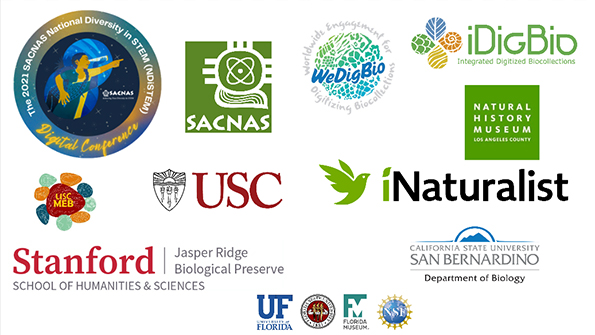 logos for all of the partners: SACNAS, iDigBio, WeDigBio, USC MEDB, USC, iNaturalist, Stanford, NHMLA, UF, FSU, Florida Museum, California State University, and NSF